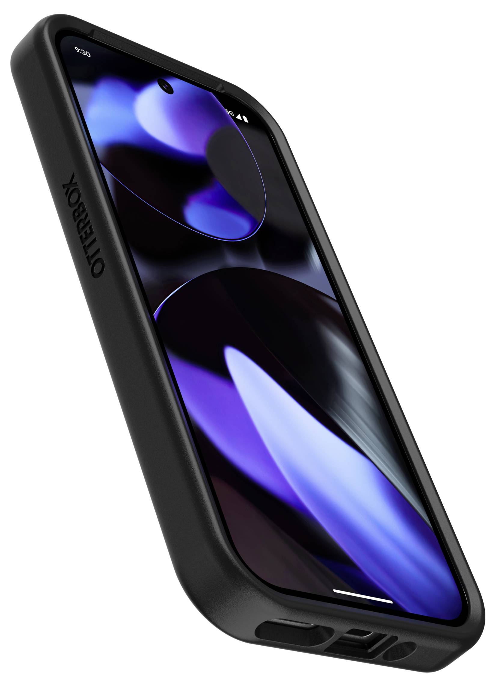 Black smartphone in a robust protective case with a glowing display, showing a blue-violet abstract pattern.