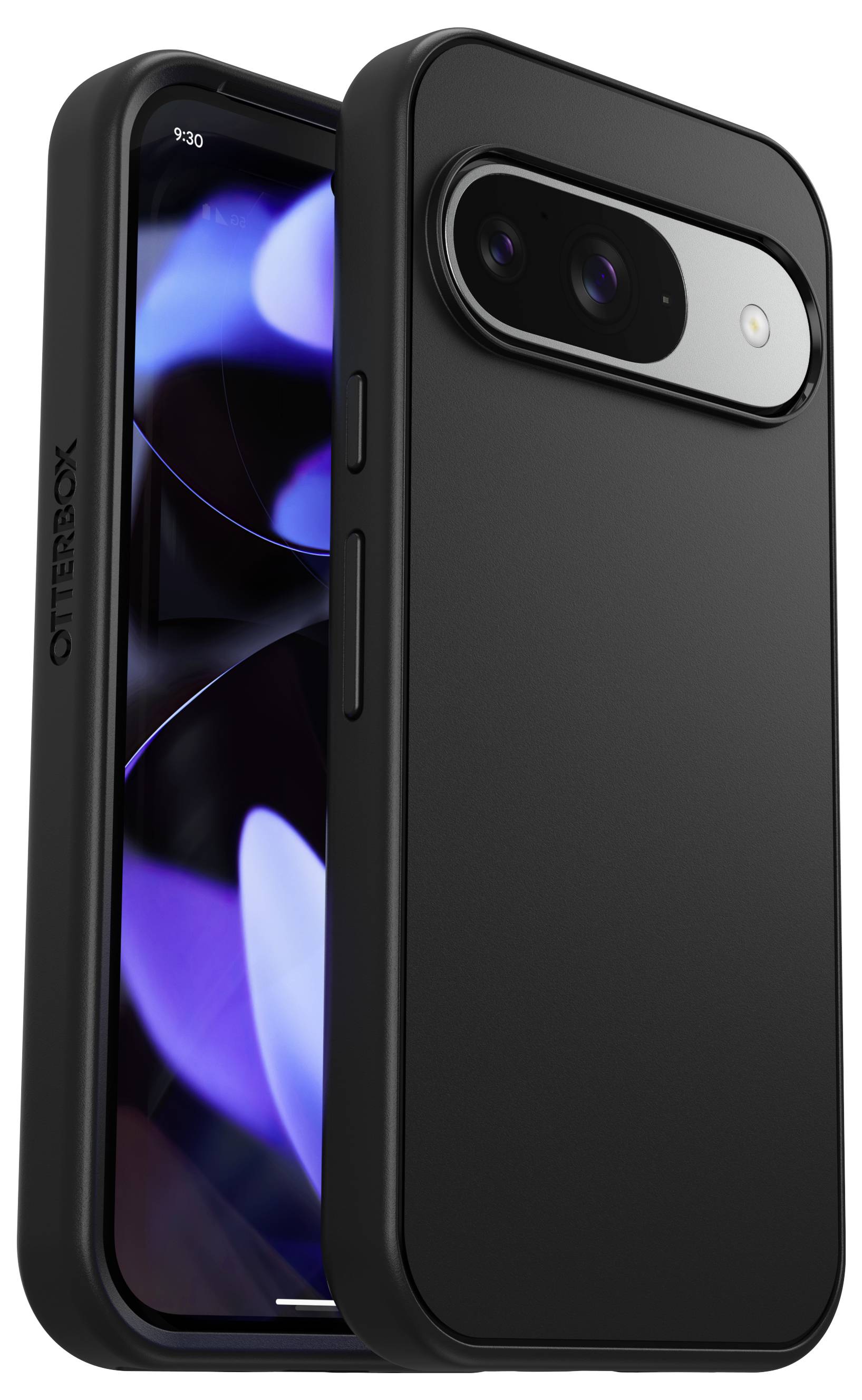 Smartphone in a black protective case. The case has precise cutouts for the camera and buttons. The display shows an abstract, blue pattern.