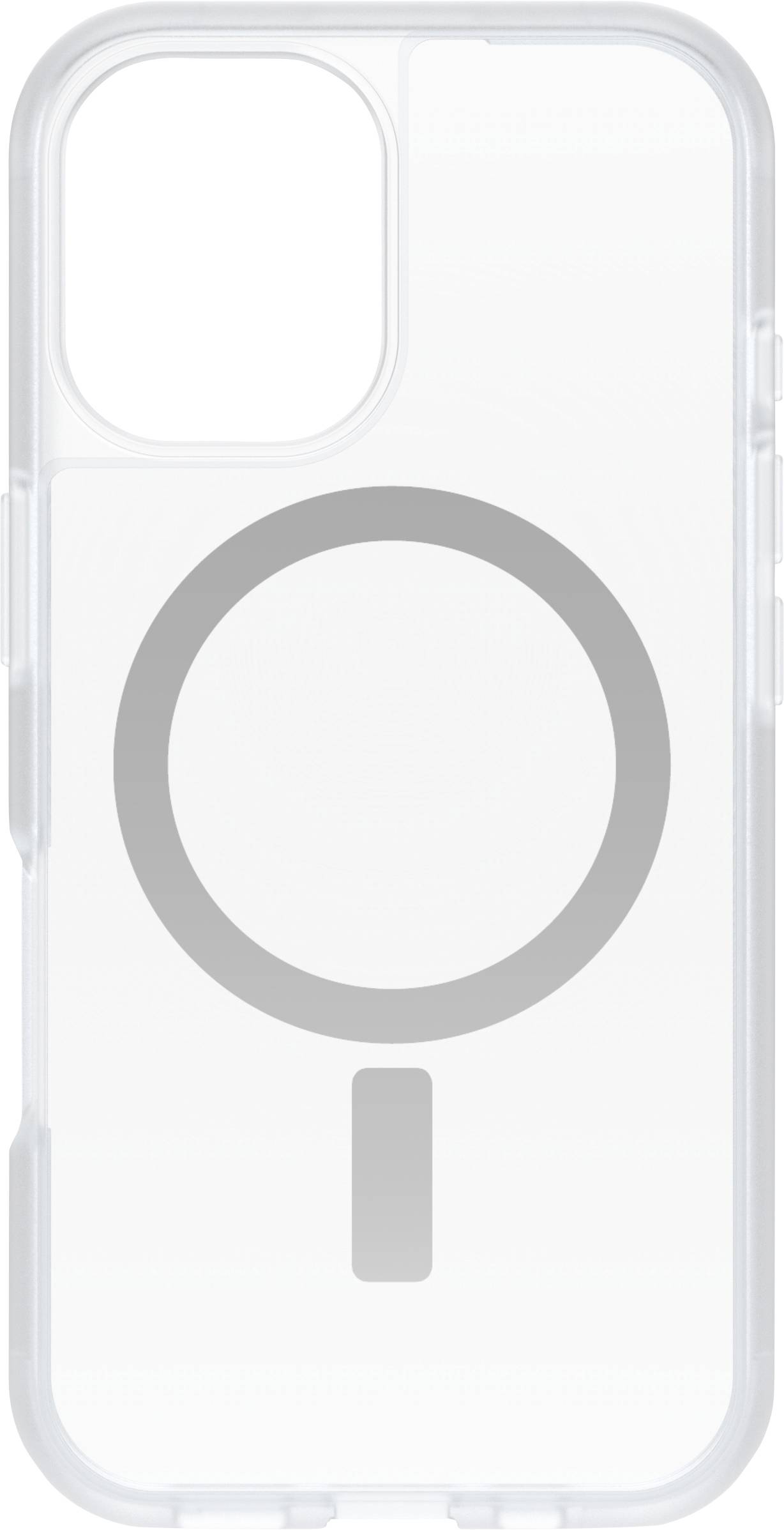 Transparent phone case with a grey MagSafe symbol in the centre.