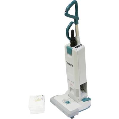 A white, upright vacuum cleaner with turquoise handles, positioned next to a stack of vacuum cleaner bags on a white background.