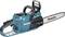 'Makita' branded chainsaw with a teal body, black handle, and long metal blade. The chainsaw is positioned with its side and bar in clear view.