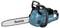 A blue Makita chainsaw with a white blade, designed for cutting wood, displayed against a plain background.