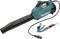 Electric leaf blower in turquoise and black with detachable strap.