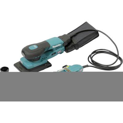 Makita sanding machine with a rectangular sanding surface, fitted with a dust collection bag and a power cable.