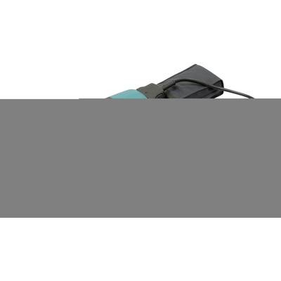 An electric grinding machine with a green casing and black power cable, lying on a white background.