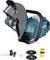 Makita cordless cutting disc grinder, blue machine with grey protective shield and ergonomic handle. Accessories: Spanner, two discs, yellow component.
