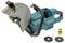 A turquoise electric cutting disc grinder with a protective guard and handles, alongside two black discs and a yellow cylinder.