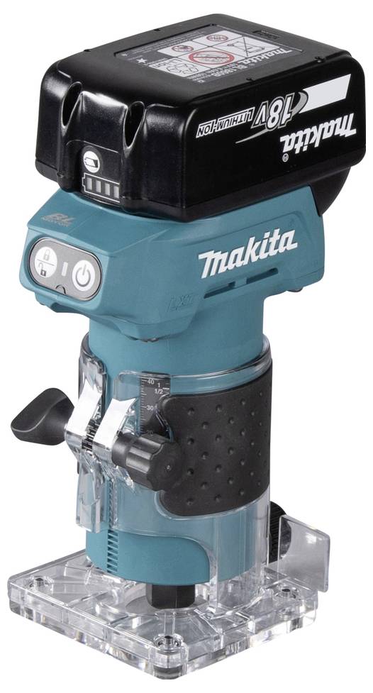A cordless Makita 18V compact router with adjustable settings and clear base plate for visibility, used for woodworking and trimming.