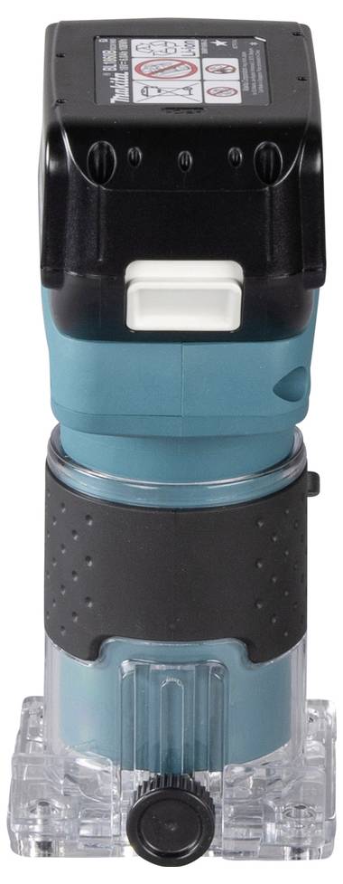 A compact, handheld router tool in blue and black with a clear base, used for woodworking and trimming edges.