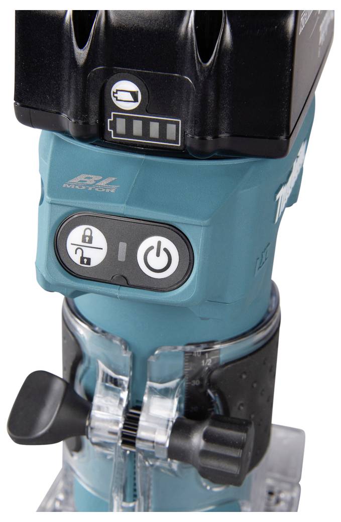 A close-up view of a cordless power tool with control buttons and a battery indicator, featuring a power switch and lock icon.