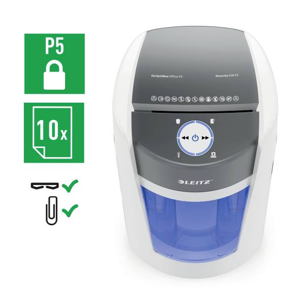 A shredder with security level P5 can shred up to 10 sheets. Illustrations for paperclips, perfect security.