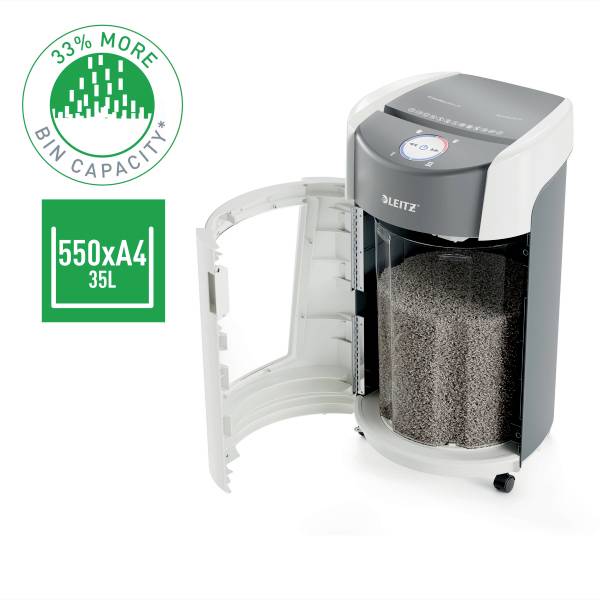 Paper shredder with open container, filled with shredded paper. Text on image: '33% more capacity', '550 x A4, 35L'.