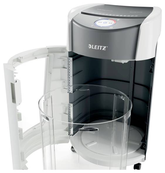 An open Leitz paper shredder with the collection bin removed.