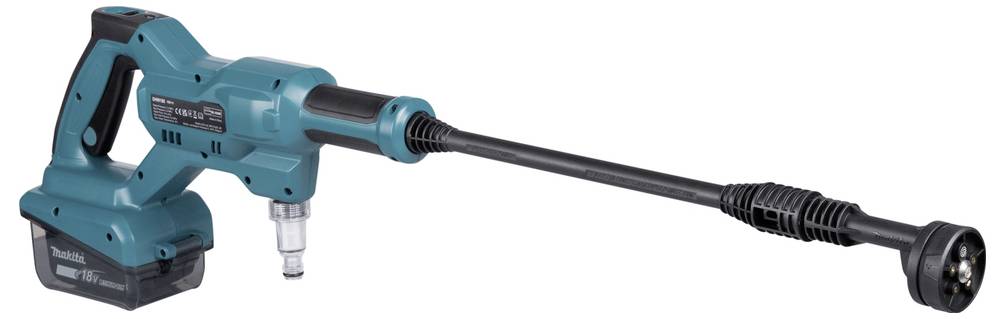 Cordless pressure washer with long spray lance in turquoise and black, for cleaning surfaces without electrical mains connection.