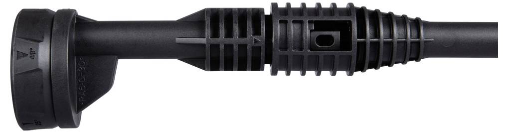 A black plastic nozzle attachment with various grooves and openings, likely for use with a pressure washer.