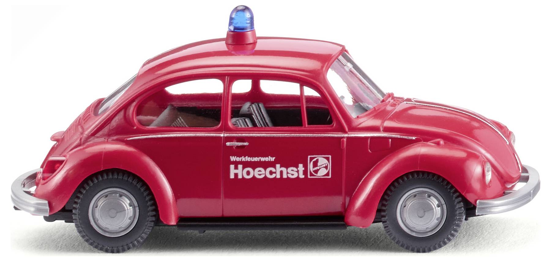 A red toy car in the shape of a classic VW Beetle with a blue light on the roof, labelled 'Hoechst'.