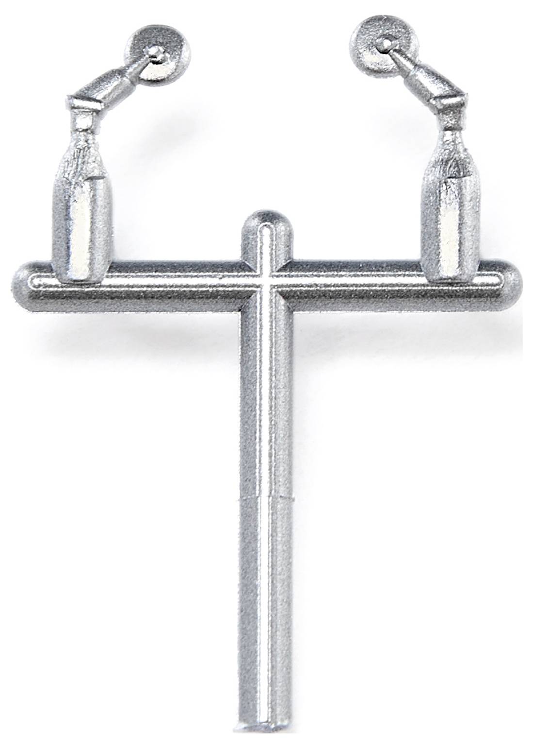 A silver, T-shaped object with two upward-pointing arms, each holding a bottle.