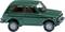 A small, green toy car with off-road tyres, featuring a robust design reminiscent of a classic off-road vehicle.