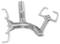 A grey, metallic object with multiple curved arms and hooks. Potentially a component of a mechanism or device.