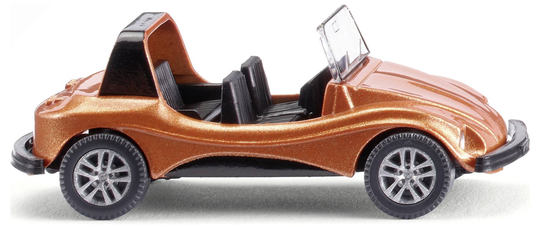An orange toy car in a buggy style with an open top and two seats.
