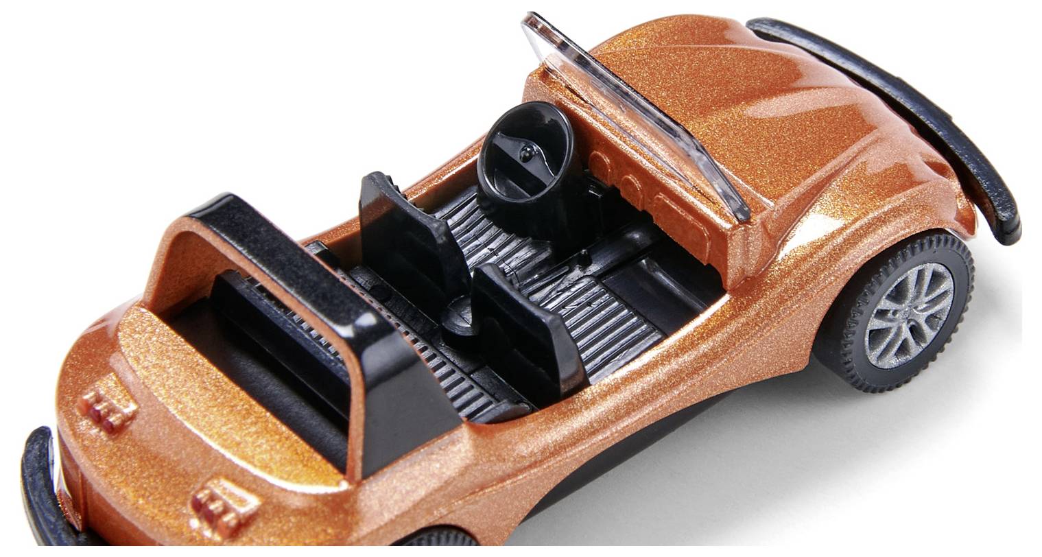 Toy car in orange, with an open top, a glossy surface and black details, placed on a light surface.