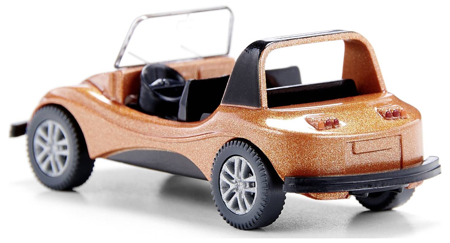 An orange toy car in the style of a beach buggy, with an open top and black steering wheel, on a white surface.