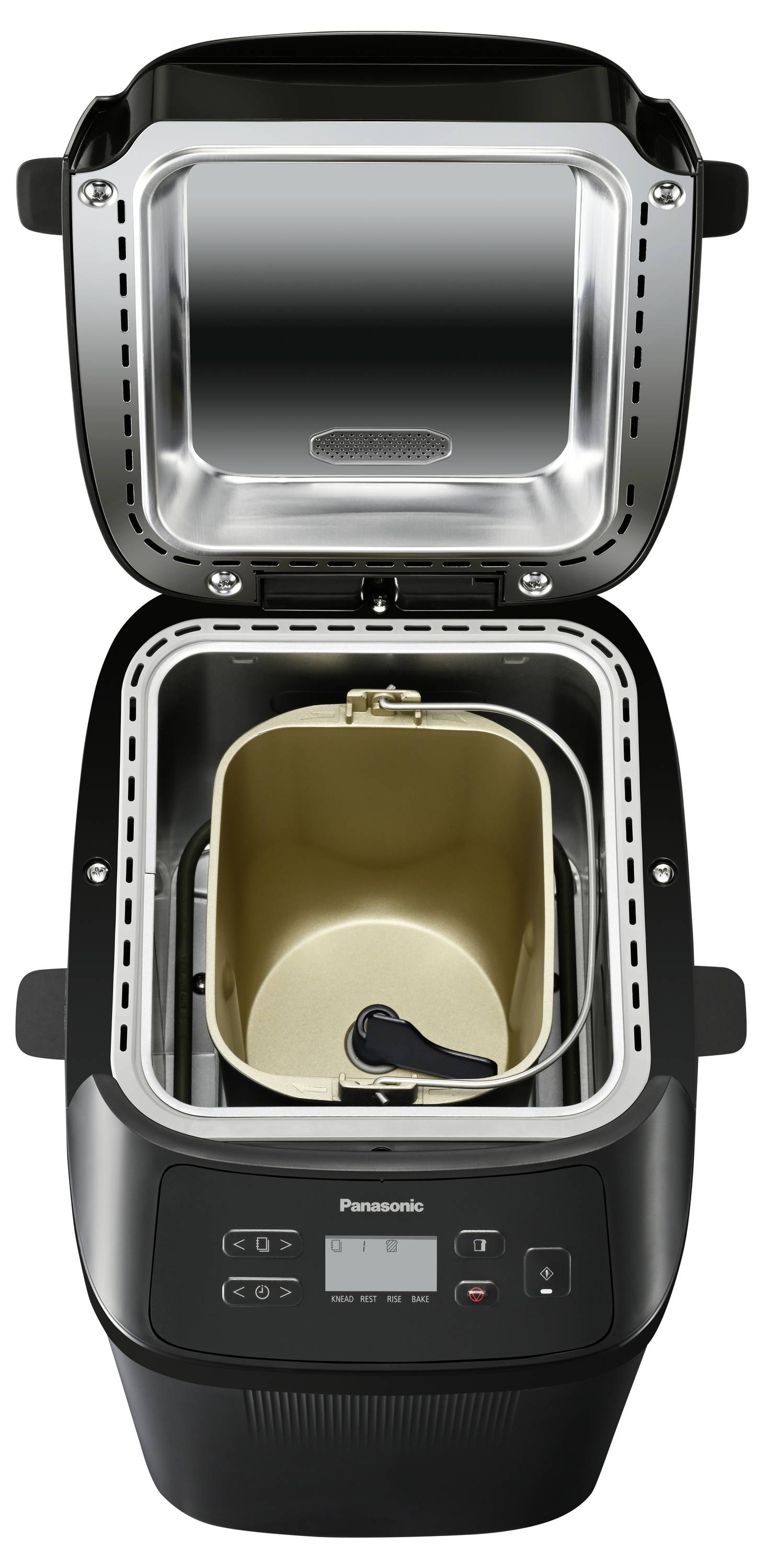 'The image shows an open bread maker with a removable baking pan. The control panel is digital and located at the front.'