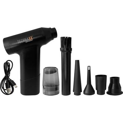 Portable air pressure cleaner with multiple nozzle attachments and USB cable. Ideal for cleaning keyboards and electronic devices.