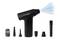 Electric compressed air cleaner with multiple nozzle attachments for cleaning devices or surfaces. Includes brush attachment.