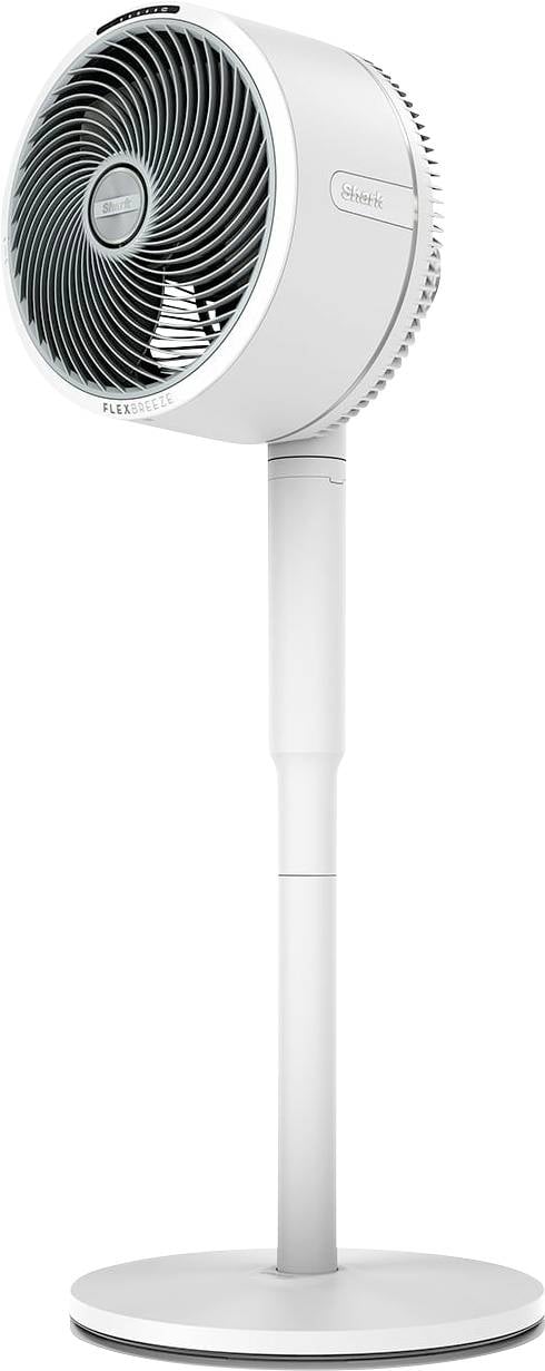 A white pedestal fan with a round head and grille, mounted on an adjustable stand, stands against a neutral background.