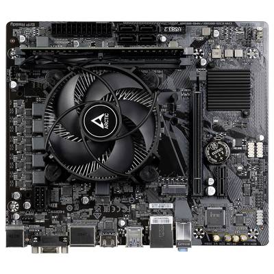 Computer motherboard with heatsink and various ports, fan centrally positioned. Multiple expansion slots for components visible.