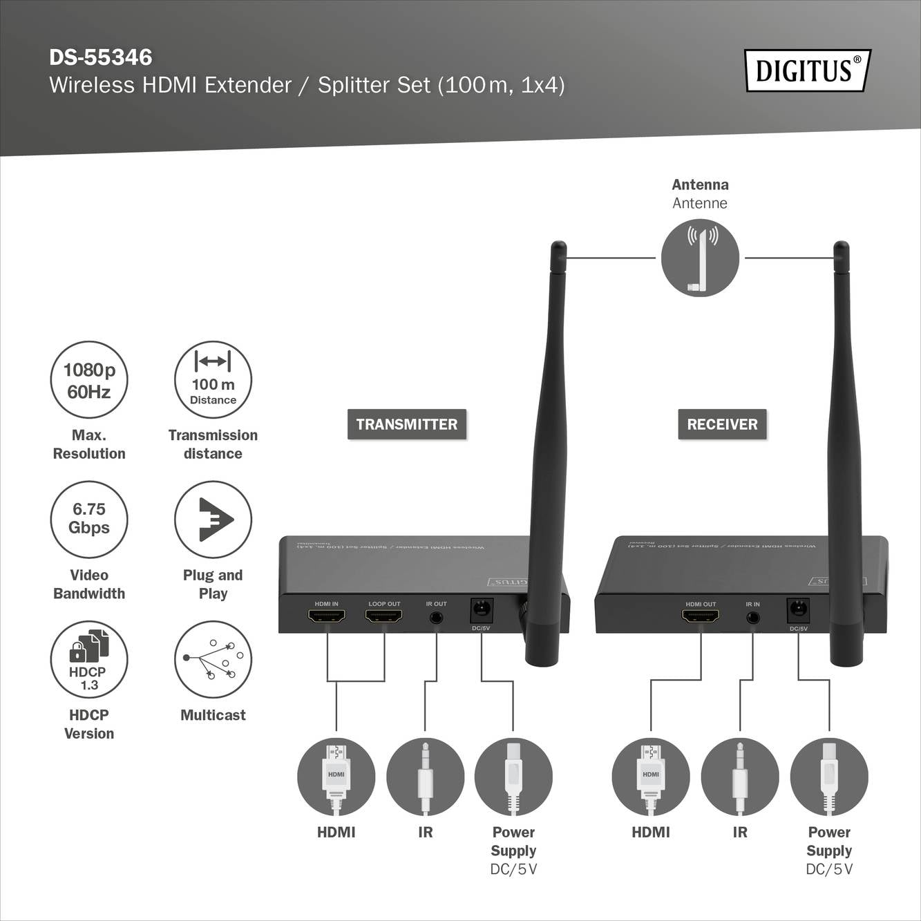 'DIGITUS DS-55346 Wireless HDMI Extender/Splitter Set. Includes Transmitter and Receiver, supports 1080p, 60Hz, 100m Range.'