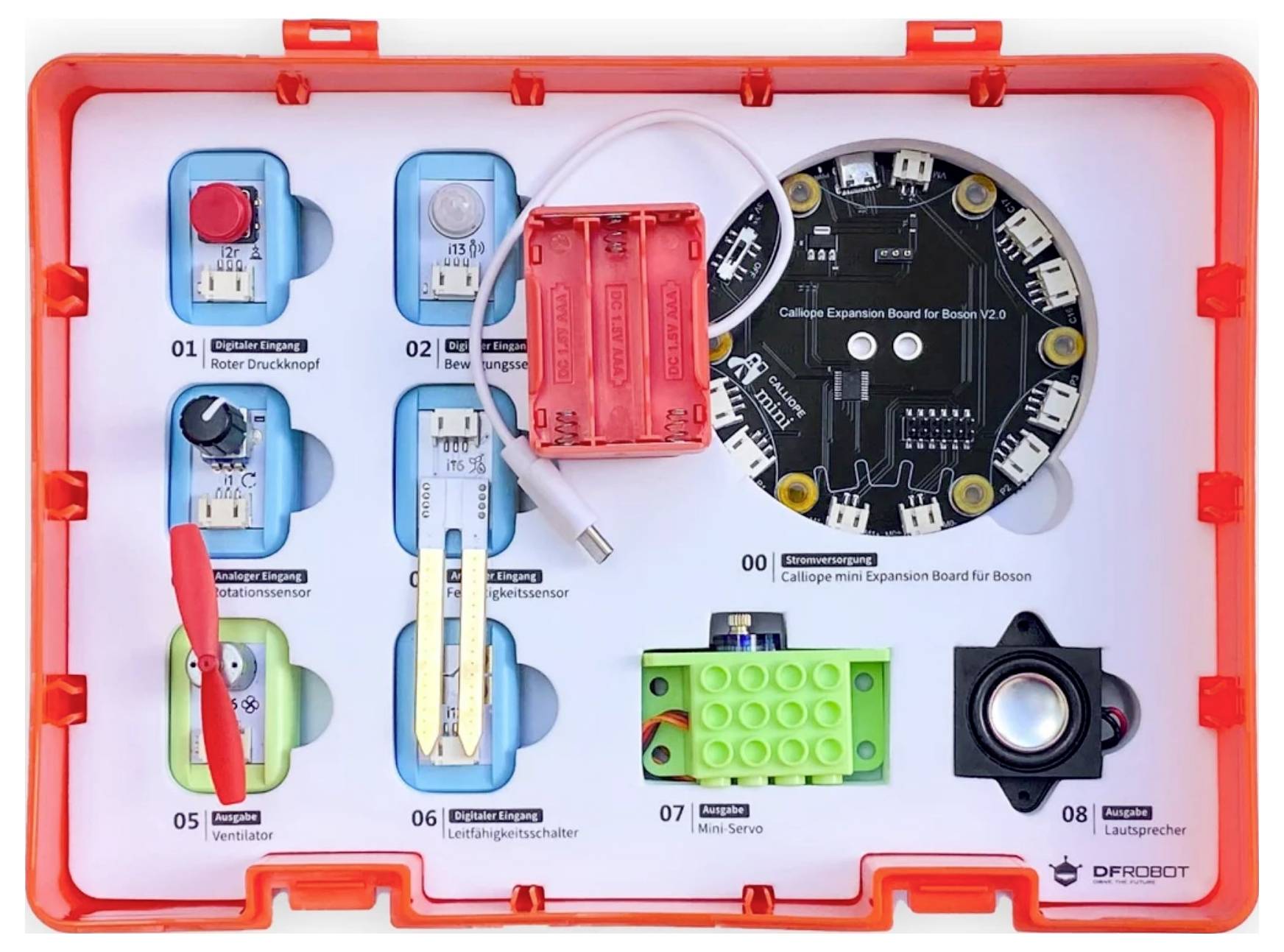 An electronics kit with a selection of sensors, switches and circuit boards, including a red push button and a speaker. Contains Calliope Mini.