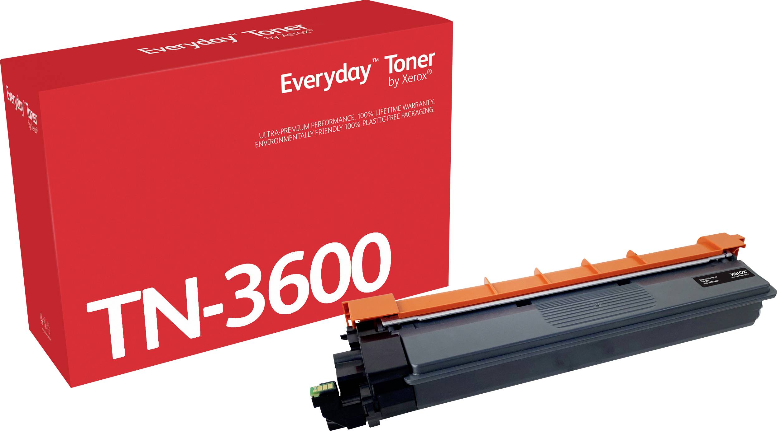 Red cardboard box with the inscription 'Everyday Toner by Xerox TN-3600'. Next to it, a grey toner cartridge with an orange handle.