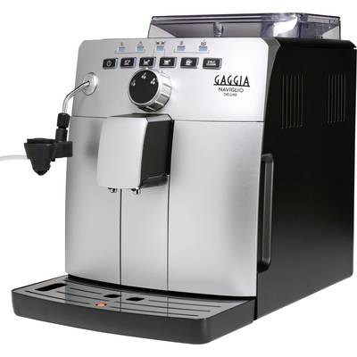 Coffee fully automatic machine with a silver casing and controls on top, brand 'Gaggia Naviglio Deluxe', suitable for espresso preparation.