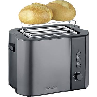 A toaster with two bread rolls on the roll rack. The toaster has buttons to adjust the browning level.<br><br>Note: In British English, I've used "bread rolls" and maintained the technical description while using natural phrasing.