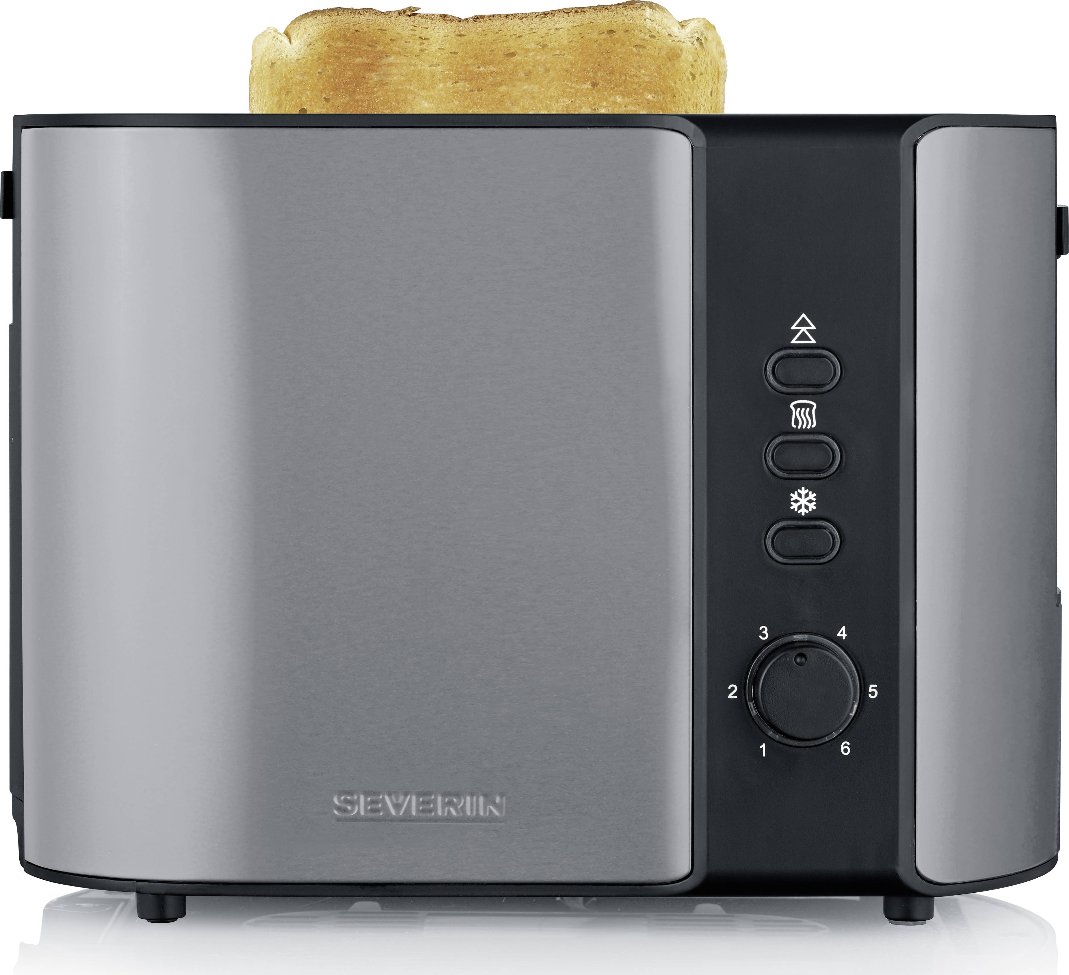 Silver toaster with a slice of toast peeking out from the top. Control buttons and a dial are located on the right-hand side.