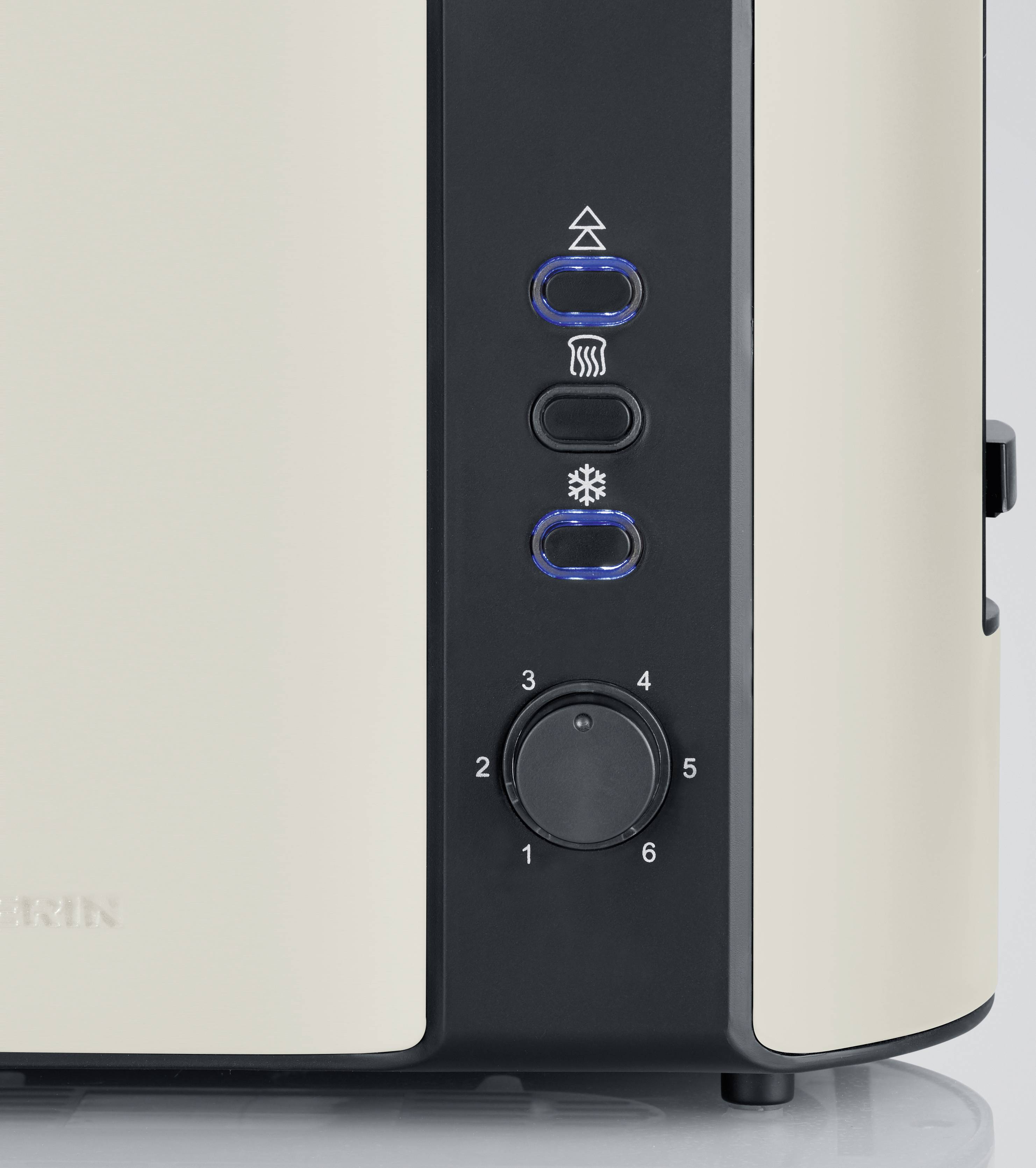 Part of a beige and black toaster with controls: defrost function, reheat, cancel, and browning level setting from 1 to 6.