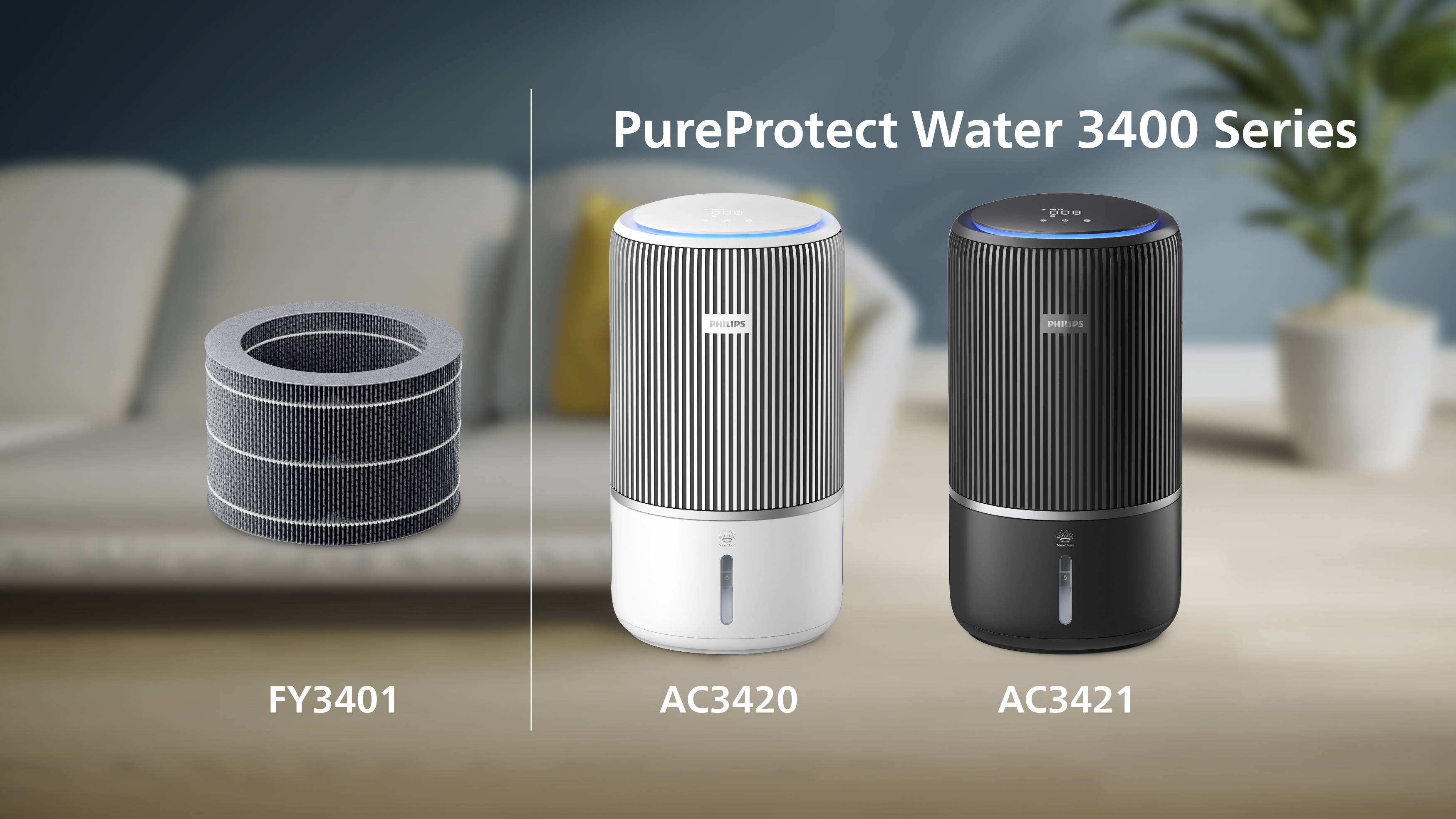 'PureProtect Water 3400 Series' showcases two air purifiers, AC3420 and AC3421, with a cylindrical filter FY3401. Modern living room setting.