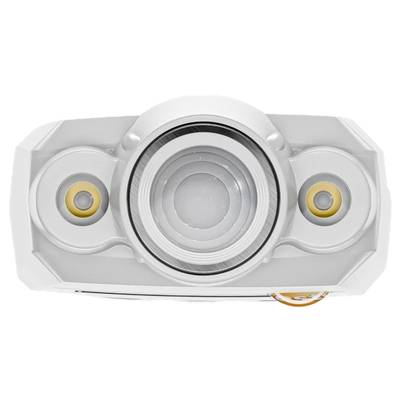 White futuristic camera with a large central lens and two smaller side lenses, symmetrically arranged.