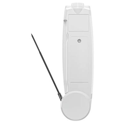 White digital kitchen thermometer with extendable metal probe, for precise measurement of food's core temperature.