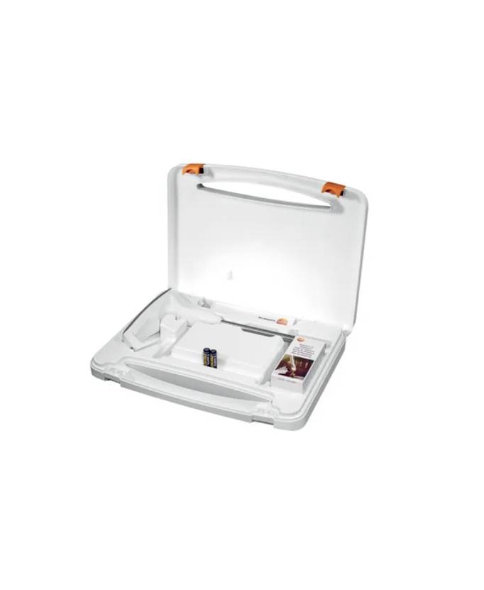 An open white toolbox with two batteries and a small compartment for accessories.