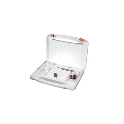 An open white toolbox with two batteries and a small compartment for accessories.