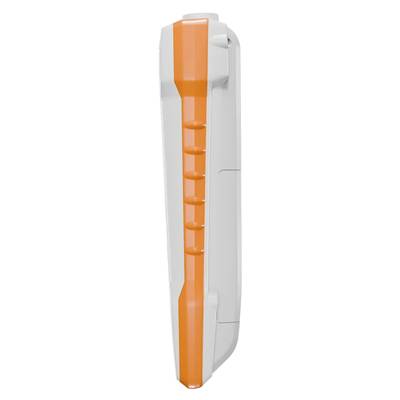 A white RFID card reader with orange colour accents, compact and portable, ideal for access control.