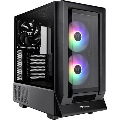 A black PC case with a glass side panel displays three RGB fans, two at the front and one at the rear, positioned against a white wall.