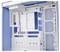 Interior view of a computer case with white and blue design. Visible mounting spaces and ventilation slots for hardware components.