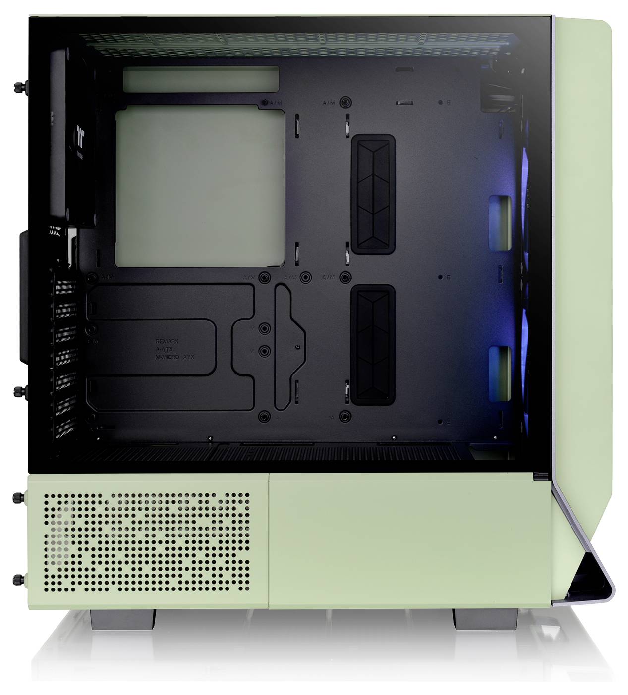 Empty PC case with green exterior panelling and visible internal space. Front panel slightly ajar, side LED lighting visible.