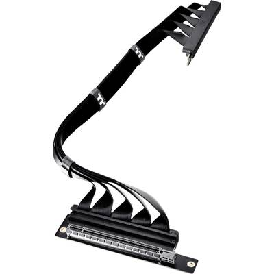 A black, flexible GPU riser cable that connects two connectors to mount a graphics card vertically in a PC case.