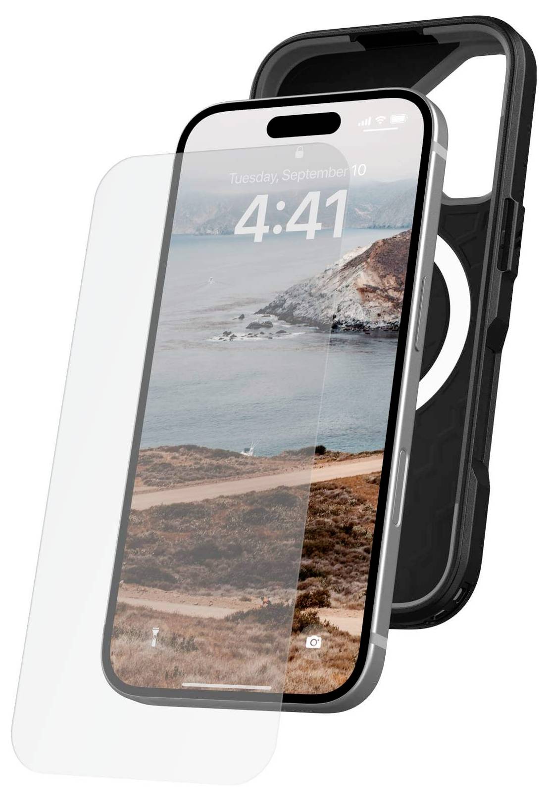 A smartphone in a robust case with a displayed coastal landscape background and the time '4:41' on the screen.