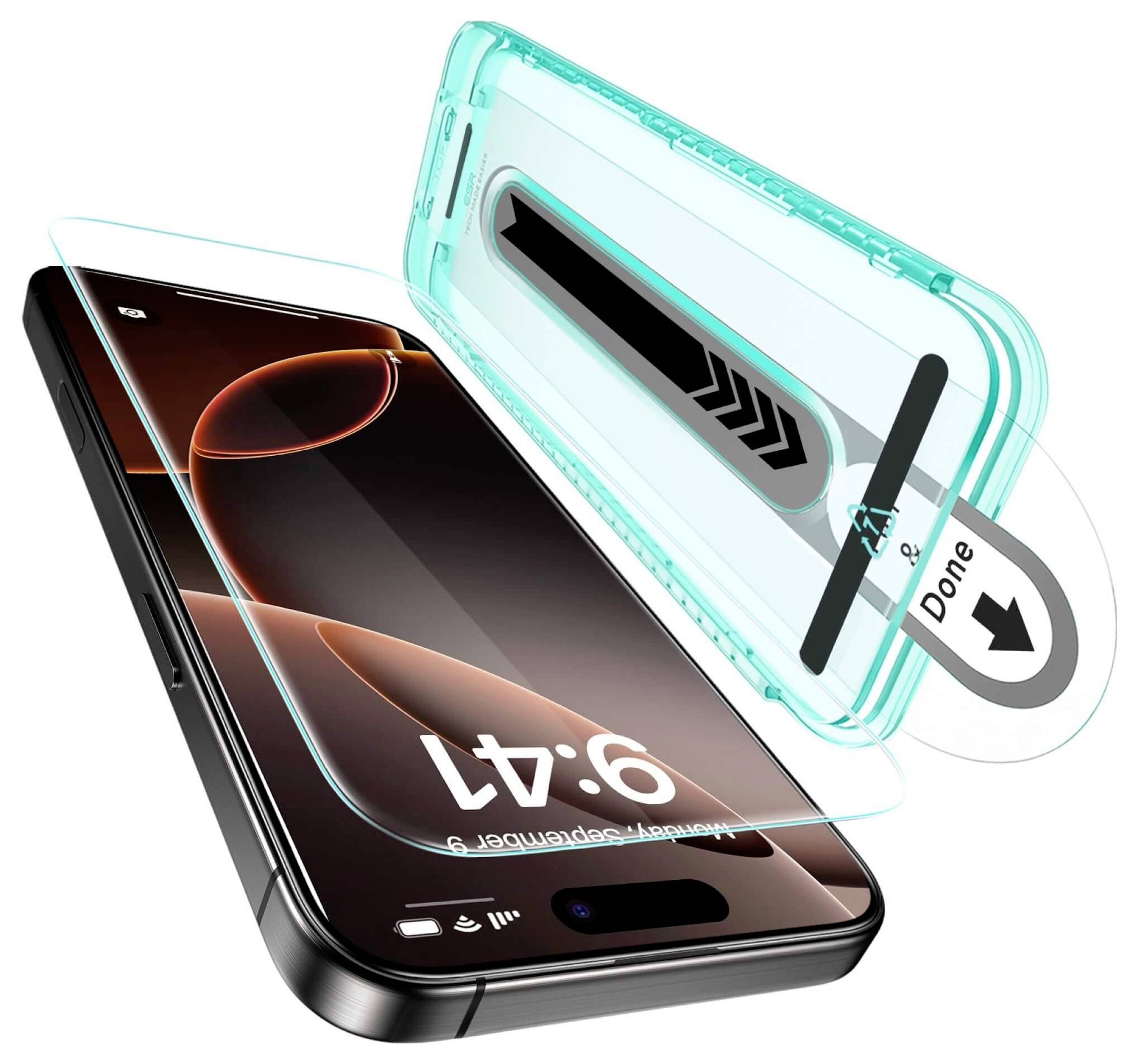 Smartphone with a protective screen protector, partially applied. Time on the display: 9:41. Instructions for removing the film.